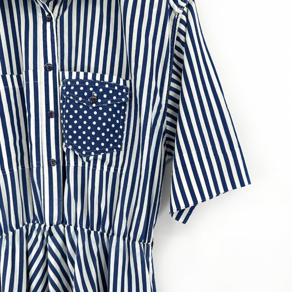 Made in USA Vintage Caliche Blue & White Stripe Short Sleeve Midi Dress - Picture 3 of 5